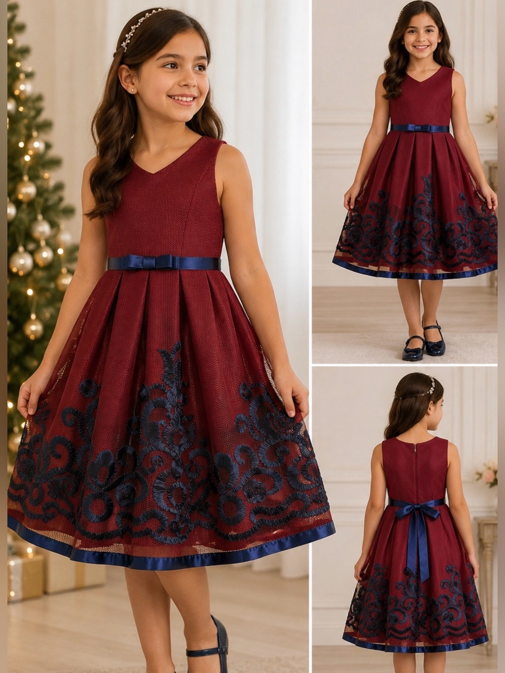 Bonnie Jean Girls Burgundy Navy Embroidered Fit & Flare Dress Size 10